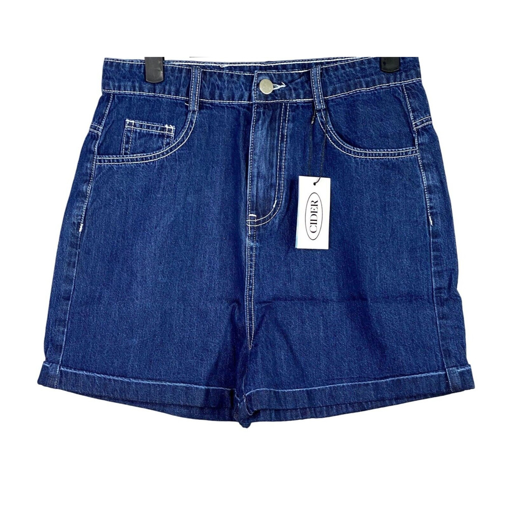 NWT Heart Embroidered Patch High Rise Cotton Retro Shorts Small Dark Wash Blue